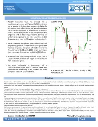 DAILY REPORT
24th FEBRUARY

MARKET UPDATES & STOCK RECOMMENDATION
ASCOTT Residence Trust has entered into a
conditional agreement with Winner Sight Investments
Ltd to acquire its first serviced residence in Dalian for
571 million yuan (S$118.6 mn). On a pro forma basis,
the accretive acquisition is expected to increase its
FY2013 distribution per unit by 1.5 per cent from 8.40
Singapore cents to 8.53 Singapore cents. Earnings per
unit are also expected to rise after acquisition to 16.3
Singapore cents from 16.2 Singapore cents previously.

JARDINE CYCLE

HIGHER revenue recognized from construction and
engineering projects caused construction group BBR
Holdings to post a net profit of S$21.8 mn for its
financial year ended Dec 31, 2013, 68 per cent higher
than a year ago. Revenue was up 55% to S$426.3 mn.
NOBLE Group's 2013 earnings tumbled 48 per cent to
US$243 million, as losses on supply chain assets and
from associates spiked.
Net profit attributable to shareholders fell to
US$243.5 million, from US$471.3 million a year ago.
This translates to earnings of 3.4 US cents per share,
compared with 7.06 US cents before.

BUY JARDINE CYCLE ABOVE 38.700 TG 39.000, 39.400,
40.000 SL 38.390

Disclaimer
The information and views in this report, our website & all the service we provide are believed to be reliable, but we do not accept any responsibility (or liability) for errors
of fact or opinion. Users have the right to choose the product/s that suits them the most.
Sincere efforts have been made to present the right investment perspective. The information contained herein is based on analysis and up on sources that we consider
reliable.
This material is for personal information and based upon it & takes no responsibility
The information given herein should be treated as only factor, while making investment decision. The report does not provide individually tailor-made investment advice.
Epic research recommends that investors independently evaluate particular investments and strategies, and encourages investors to seek the advice of a financial adviser.
Epic research shall not be responsible for any transaction conducted based on the information given in this report, which is in violation of rules and regulations of NSE and
BSE.
The share price projections shown are not necessarily indicative of future price performance. The information herein, together with all estimates and forecasts, can change
without notice. Analyst or any person related to epic research might be holding positions in the stocks recommended. It is understood that anyone who is browsing through
the site has done so at his free will and does not read any views expressed as a recommendation for which either the site or its owners or anyone can be held responsible
for . Any surfing and reading of the information is the acceptance of this disclaimer. All Rights Reserved.
Investment in equity & bullion market has its own risks.
We, however, do not vouch for the accuracy or the completeness thereof. We are not responsible for any loss incurred whatsoever for any financial profits or loss which
may arise from the recommendations above epic research does not purport to be an invitation or an offer to buy or sell any financial instrument. Our
Clients (Paid or Unpaid), any third party or anyone else have no rights to forward or share our calls or SMS or Report or Any Information Provided by us to/with anyone
which is received directly or indirectly by them. If found so then Serious Legal Actions can be taken.

Give us a missed call at +6531581402
YOUR MINTVISORY

Visit us @ www.epicresearch.sg
Page 2

 