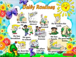 Daily Routines He wakes up He has a shower He gets dressed He brushes his teeth He has breakfast He goes  to school He has lessons He has lunch He goes back home He does his homework He plays with his friends He goes to bed 