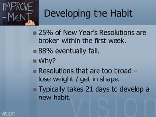 Developing the Habit
 25% of New Year’s Resolutions are
broken within the first week.
 88% eventually fail.
 Why?
 Resolutions that are too broad –
lose weight / get in shape.
 Typically takes 21 days to develop a
new habit.
 