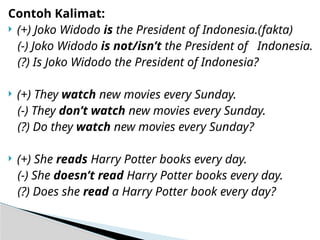 Contoh Kalimat:
 (+) Joko Widodo is the President of Indonesia.(fakta)
(-) Joko Widodo is not/isn’t the President of Indonesia.
(?) Is Joko Widodo the President of Indonesia?
 (+) They watch new movies every Sunday.
(-) They don’t watch new movies every Sunday.
(?) Do they watch new movies every Sunday?
 (+) She reads Harry Potter books every day.
(-) She doesn’t read Harry Potter books every day.
(?) Does she read a Harry Potter book every day?
 
