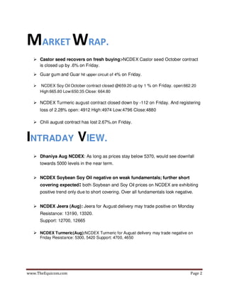 www.TheEquicom.com Page 2
MARKET WRAP.
Castor seed recovers on fresh buying:-NCDEX Castor seed October contract
is closed up by .6% on Friday.
Guar gum and Guar hit upper circuit of 4% on Friday.
NCDEX Soy Oil October contract closed @659.20 up by 1 % on Friday. open:662.20
High:665.80 Low:650.35 Close: 664.80
NCDEX Turmeric august contract closed down by -112 on Friday. And registering
loss of 2.28% open: 4912 High:4974 Low:4796 Close:4880
Chili august contract has lost 2.67%.on Friday.
INTRADAY VIEW.
Dhaniya Aug NCDEX: As long as prices stay below 5370, would see downfall
towards 5000 levels in the near term.
NCDEX Soybean Soy Oil negative on weak fundamentals; further short
covering expected: both Soybean and Soy Oil prices on NCDEX are exhibiting
positive trend only due to short covering. Over all fundamentals look negative.
NCDEX Jeera (Aug): Jeera for August delivery may trade positive on Monday
Resistance: 13190, 13320.
Support: 12700, 12665
NCDEX Turmeric(Aug):NCDEX Turmeric for August delivery may trade negative on
Friday Resistance: 5300, 5420 Support: 4700, 4650
 
