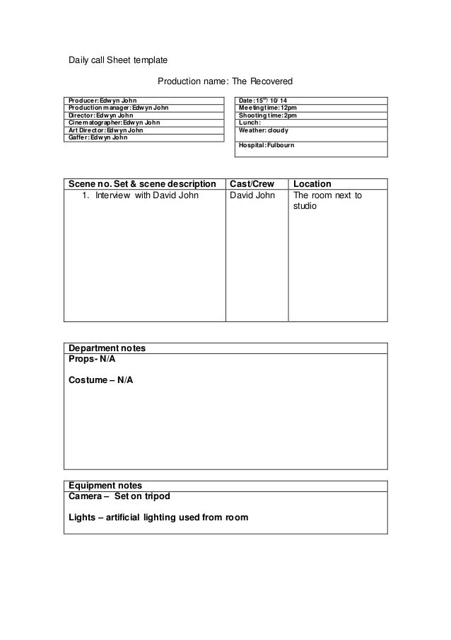 daily call sheet 2 daily call sheet template
