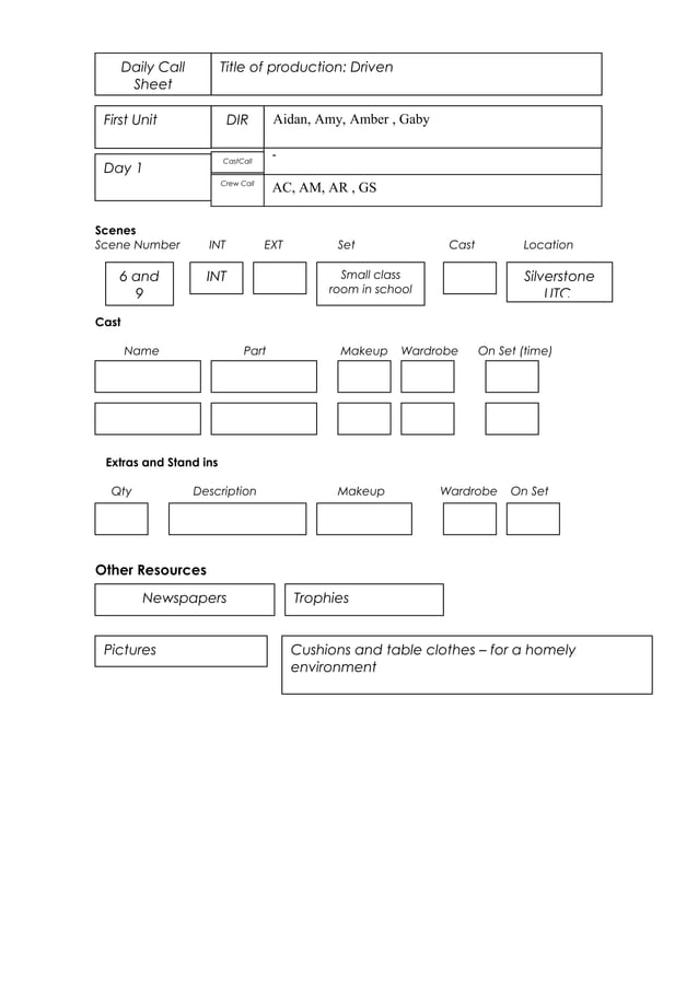 Daily call sheet day 1 | PDF