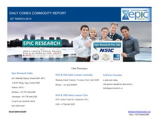 DAILY COMEX COMMODITY REPORT
03rd MARCH-2014

DAILY MARKET OUTLOOK
26th FEBRUARY-2014

YOUR MINTVISORY

WWW.EPICRESEARCH.CO
CALL: +917316642300

 
