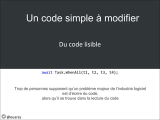 Du code lisible
Un code simple à modifier
Trop de personnes supposent qu’un problème majeur de l’industrie logiciel
est d’écrire du code,
alors qu’il se trouve dans la lecture du code
await Task.WhenAll(t1, t2, t3, t4);
@ouarzy
 