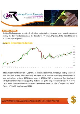 Indian Markets ended negative (red); after Indian indices remained heavy volatile movement
during the day. The Sensex ended the day at 27549; up 37.27 points. Nifty closed the day at
8355.85; up 6.40 points.
Stock Recommendation*******
Stock Recommendation for 14/08/2015 is Wockhardt Limited. In today’s trading session it
was up 2.69%. Its long term trend is up. Parabolic SAR & RSI have also buying confirmation. So
our buying level is above 1675 & our target is 1700 & 1725 in tomorrow. Our stop loss is
1645; the entire indicator is suggesting that one can go for long position in the stock at above
1675 levels. Our Recommendation on WOCKPHARMA above 1675 for 1st
target 1700 and 2nd
Target 1725 with stop loss level 1645.
 
