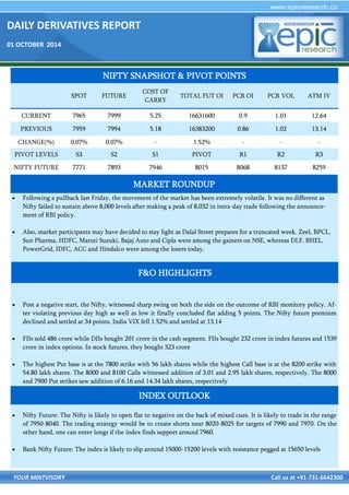 DAILY DERIVATIVES REPORT 
01 OCTOBER 2014 
YOUR MINTVISORY Call us at +91-731-6642300 
 Post a negative start, the Nifty, witnessed sharp swing on both the side on the outcome of RBI monitory policy. Af- ter violating previous day high as well as low it finally concluded flat adding 5 points. The Nifty future premium declined and settled at 34 points. India VIX fell 1.52% and settled at 13.14 
 FIIs sold 486 crore while DIIs bought 201 crore in the cash segment. FIIs bought 232 crore in index futures and 1539 crore in index options. In stock futures, they bought 323 crore 
 The highest Put base is at the 7800 strike with 56 lakh shares while the highest Call base is at the 8200 strike with 54.80 lakh shares. The 8000 and 8100 Calls witnessed addition of 3.01 and 2.95 lakh shares, respectively. The 8000 and 7900 Put strikes saw addition of 6.16 and 14.34 lakh shares, respectively 
 Nifty Future: The Nifty is likely to open flat to negative on the back of mixed cues. It is likely to trade in the range of 7950-8040. The trading strategy would be to create shorts near 8020-8025 for targets of 7990 and 7970. On the other hand, one can enter longs if the index finds support around 7960. 
 Bank Nifty Future: The index is likely to slip around 15000-15200 levels with resistance pegged at 15650 levels 
NIFTY SNAPSHOT & PIVOT POINTS 
SPOT 
FUTURE 
COST OF CARRY 
TOTAL FUT OI 
PCR OI 
PCR VOL 
ATM IV 
CURRENT 
7965 
7999 
5.25 
16631600 
0.9 
1.01 
12.64 
PREVIOUS 
7959 
7994 
5.18 
16383200 
0.86 
1.02 
13.14 
CHANGE(%) 
0.07% 
0.07% 
- 
1.52% 
- 
- 
- 
PIVOT LEVELS 
S3 
S2 
S1 
PIVOT 
R1 
R2 
R3 
NIFTY FUTURE 
7771 
7893 
7946 
8015 
8068 
8137 
8259 
F&O HIGHLIGHTS 
INDEX OUTLOOK 
 Following a pullback last Friday, the movement of the market has been extremely volatile. It was no different as Nifty failed to sustain above 8,000 levels after making a peak of 8,032 in intra-day trade following the announce- ment of RBI policy. 
 Also, market participants may have decided to stay light as Dalal Street prepares for a truncated week. Zeel, BPCL, Sun Pharma, HDFC, Maruti Suzuki, Bajaj Auto and Cipla were among the gainers on NSE, whereas DLF, BHEL, PowerGrid, IDFC, ACC and Hindalco were among the losers today. 
MARKET ROUNDUP  