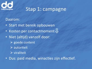 Stap	
  1:	
  campagne	
  
Daarom:	
  
•  Start	
  met	
  bereik	
  opbouwen	
  
•  Kosten	
  per	
  contactmoment	
  
•  Niet	
  (alMjd)	
  vanzelf	
  door:	
  
   Ø 	
  goede	
  content	
  
   Ø 	
  autoriteit	
  	
  
   Ø 	
  viraliteit	
  
•  Dus:	
  paid	
  media,	
  winacMes	
  zijn	
  eﬀecMef.	
  
 