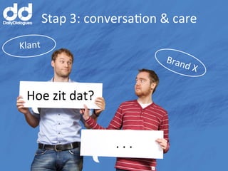 Stap	
  3:	
  conversaMon	
  &	
  care	
  
Klant	
  
                                             Bran
                                                  d	
  X   	
  

  Hoe	
  zit	
  dat?	
  


                           .	
  .	
  .	
  
 