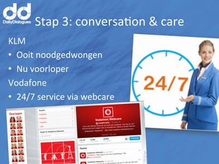 Stap	
  3:	
  conversaMon	
  &	
  care	
  
KLM	
  
•  Ooit	
  noodgedwongen	
  	
  
•  Nu	
  voorloper	
  
Vodafone	
  
•  24/7	
  service	
  via	
  webcare	
  
 