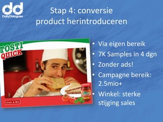 Stap	
  4:	
  conversie	
  
product	
  herintroduceren	
  

                  •  Via	
  eigen	
  bereik	
  
                  •  7K	
  Samples	
  in	
  4	
  dgn	
  
                  •  Zonder	
  ads!	
  
                  •  Campagne	
  bereik:	
  
                     2.5mio+	
  
                  •  Winkel:	
  sterke	
  
                     sMjging	
  sales	
  
 