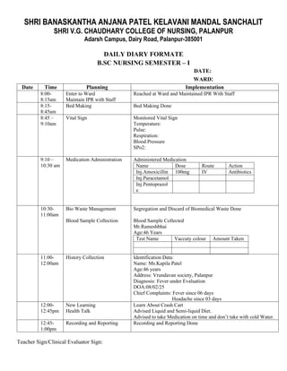 Daily Diary formate.for Clinical Posting | DOCX