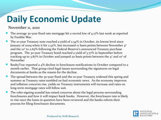 Daily Economic Update
 The average 30-year fixed rate mortgage hit a record low of 4.17% last week as reported
by Freddie Mac.
 The 10-year Treasury note reached a yield of 2.54% in October, its lowest level since
January of 2009 when it hit 2.52%, but increased 17 basis points between November 4th
and the 10th
to 2.65% following the Federal Reserve’s announced Treasury purchase
program. The 30-year Treasury bond reached a yield of 3.77% in September before
tracking up to 3.87% in October and jumped 20 basis points between the 4th
and 10th
of
November
 RealtyTrac reported a 4% decline in foreclosure notifications in October compared to a
month earlier. That group cited legal issues surrounding the signatures on legal
documents at banks as the reason for the decline.
 The spread between the 30-year fixed and the 10-year Treasury widened this spring and
summer as Treasury rates tumbled on bad economic news. As the economy improves
and inflation concerns rise, yields on Treasury instruments will increase and rates on
long-term mortgage rates will follow suit.
 The robo-signing scandal has raised concerns about the legal process surrounding
foreclosures and how it will impact bank books. However, the foreclosure rate is likely
to rise once the loans in question have been reviewed and the banks reform their
process for filing foreclosure documents.
Produced by NAR Research
November 11, 2010
 