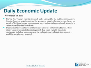 Daily Economic Update
 The Ten Year Treasury yield has been well under 3 percent for the past few months, down
from the 6 percent range in 2000 and the 4.5 percent range in the 2004-07 time frame. As
a result of declining interest rates mortgage rates continue to be exceptionally attractive in
comparison to historical experience.
 The major unknown-unknown on the interest rate scene is the Irish debt crisis. If the
crisis worsens or spreads to Europe in general, then credit available for private
mortgagees--including jumbos, commercial real estate, and real estate development—
would be very adversely impacted.
Produced by NAR Research
November 22, 2010
 