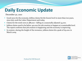 Daily Economic Update
 December 30, 2010
 Good news for the economy. Jobless claims hit the lowest level in more than two years,
  since July 2008 the Labor Department said today.
 Claims for the week were at 388,000—falling to a seasonally adjusted 34,000.
 Jobless claims need to be below 400,000 for job creation to happen at a sustainable level.
  The report confirms that job creation is happening and the economy is improving.
 In context, during the height of the recession, jobless claims hit a peak of 651,000 in
  March 2009.




                         Produced by NAR Research
 