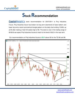 info@capitalheight.com
                                                                           Phone- (0731)4295950



                     Stock Recommendation
CapitalHeight’s            stock recommendation for 25/07/2011 is Praj Industries

Future. Praj Industries future has broken its long term downtrend of lower bottom and
lower top and a recent symmetrical triangle pattern on the daily chart ending 15.98% up
at 94 after making a fresh 52 weeks high of 95 The stock is now in the trading range of
                                            95.
89-98 & we expect Praj Industries futures to reach to the level of 98.5 in the near term.


Our recommendation on Praj Industries futures is BUY above 95 for the TG 96 and 98.




                                                                             www.capitalheight.com
                                                                           capitalheight.wordpress.com
 