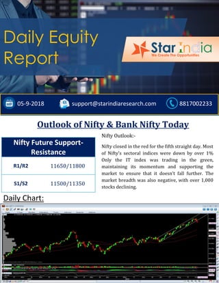 ;
Daily Chart:
Nifty Future Support-
Resistance
R1/R2 11650/11800
S1/S2 11500/11350
Daily Equity
Report
05-9-2018 support@starindiaresearch.com 8817002233
Outlook of Nifty & Bank Nifty Today
Nifty Outlook:-
Nifty closed in the red for the fifth straight day. Most
of Nifty’s sectoral indices were down by over 1%
Only the IT index was trading in the green,
maintaining its momentum and supporting the
market to ensure that it doesn’t fall further. The
market breadth was also negative, with over 1,000
stocks declining.
 