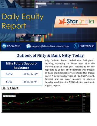;
Daily Chart:
Nifty Future Support-
Resistance
R1/R2 12007/12129
S1/S2 11815/11744
Daily Equity
Report
07-06-2019 support@starindiaresearch.com 8817002233
Outlook of Nifty & Bank Nifty Today
Nifty Outlook:- Sensex tanked over 500 points
intraday, extending its losses even after the
Reserve Bank of India (RBI) decided to cut the
repo rate by 25 bps. The benchmark was dragged
by bank and financial services stocks that traded
lower. A downward revision of FY20 GDP growth
forecast and no major measure to address
liquidity conditions for NBFCs dented sentiment,
suggest experts.
 