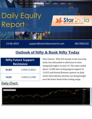 ;
Daily Chart:
Nifty Future Support-
Resistance
R1/R2 11967/12015
S1/S2 11853/11788
Daily Equity
Report
14-06-2019 support@starindiaresearch.com 8817002233
Outlook of Nifty & Bank Nifty Today
Nifty Outlook:- Nifty fell sharply in late morning
deals, but rebounded in afternoon to close
marginally higher on June 13. The index ended
above 11,900 after testing logical support of
11,815 and formed Hammer pattern on daily
charts that indicates declines are being bought
near the lower band of the trading range.
 