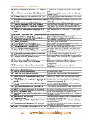 www.hotelson.blog.com     -   share for better

428 He can’t dress himself yet because he’s too young. Ia masih belum bisa berpakaian sendiri karena ia terlalu
                                                          muda.
429 I wash his face and hands, and then I dress him.      Saya cucikan muka dan tangannya, dan kemudian saya
                                                          pakaikan bajunya.
430 He tries to button his own shirt, but he can’t do it. Ia mencoba mengancing kemejanya sendiri, tapi ia tidak
                                                          bisa melakukannya.
431 My little brother takes a bath before he goes to bed Adik laki-laki saya mandi dulu sebelum ia pergi tidur pada
    at night.                                             malam hari.
432 He always forgets to wash behind his ears.            Ia selalu lupa mencuci belakang telinganya.
433 I’m always tired when I come home from work.          Saya selalu lelah bila saya pulang ke rumah dari kerja.
434 At bedtime, I take off my clothes and put on my       Pada saatnya tidur, saya tanggalkan pakaian saya dan
    pajamas.                                              saya kenakan piama.
435 I get into bed at about 11:30, and go right off to    Saya naik ke tempat tidur sekitar jam 11:30 dan segera
    sleep.                                                tidur.

Getting people’s opinion and ideas = Memperoleh pendapat dan gagasan orang lain.
436 What do you think? Is that right?                 Bagaimana pendapatmu? Apakah itu benar?
437 Certainly, you’re absolutely right about that.    Tentu saja, kamu sangat benar mengenai hal itu.
438 I think you’re mistaken about that.               Saya kira kamu keliru mengenai hal itu.
439 I like hot weather best.                          Saya paling senang cuaca panas.
440 Personally, I prefer winter weather.              Secara pribadi, saya lebih suka cuaca musim dingin.
441 Do you think it’s going to rain tomorrow?         Apakah kamu pikir besok akan hujan?
442 I don’t know whether it will rain or not.         Saya tidak tahu apakah akan hujan atau tidak.
443 In my opinion, that’s an excellent idea.          Menurut pendapat saya, itu gagasan yang hebat sekali.
444 Why is Mr. Cooper so tired? Do you have any idea? Kenapa Tuan Cooper begitu lelah? Apakah kamu tahu
                                                      apa sebabnya?
445 He’s tired because he worked hard all day today. Ia lelah karena ia bekerja keras seharian hari ini.
446 What do think of my children?                     Bagaimana anggapan kamu tentang anak-anak saya?
447 I think you have very attractive children.        Saya kira kamu punya anak-anak yang sangat menawan
                                                      hati.
448 Please give me your frank opinion.                Berilah saya pendapatmu yang terus terang.
449 Do you really want to know what I think?          Apakah kamu benar-benar mau tahu bagaimana
                                                      pendapat saya?
450 Of course I want to know what your opinion is.    Sudah barang tentu saya mau tahu bagaimana
                                                      pendapatmu.

Making plans = Membuat rencana.
451 What do you plan to do tomorrow?                        Apa rencana kamu besok?
452 I doubt that I’ll do anything tomorrow.                 Saya ragu-ragu ada sesuatu yang akan saya lakukan
                                                            besok.
453 Please excuse me for a little while. I want to do       Maafkan saya sejenak. Saya ingin melakukan sesuatu.
    something.
454 I imagine I’ll do some work instead of going to the     Saya kira, saya akan mengerjakan sesuatu ketimbang
    movies.                                                 pergi ke bioskop menonton film.
455 Will it be convenient for you to explain your plans     Akankah menyenangkan bagi kamu untuk menjelaskan
    to him?                                                 rencana-rencana kamu kepadanya.
456 There’s nothing to do because tomorrow is a             Tidak ada yang dikerjakan karena besok adalah hari libur.
    holiday.
457 What’s your brother planning to do tomorrow?            Apa rencana saudara laki-laki kamu besok?
458 He can’t decide what to do.                             Ia tidak dapat memutuskan mau melakukan apa.
459 It’s difficult to make a decision without knowing all   Sulit untuk membuat suatu keputusan tanpa mengetahui
    the facts.                                              semua fakta yang ada.
460 We’re trying to plan our future.                        Kami sedang mencoba merencanakan masa depan kami.
461 That’s a good idea.                                     Itu suatu buah pikiran yang baik.
462 I’m hoping to spend a few days in the mountains.        Saya berharap mempergunakan waktu saya beberapa
                                                            hari di pegunungan.
463 Would you consider going north this summer?             Apa kiranya kamu mau mempertimbangkan bepergian ke
                                                            utara pada musim panas ini?
464 If there’s a chance you’ll go, I’d like to go with you. Jika ada kesempatan kamu akan pergi, saya ingin pergi
                                                            bersamamu.


                Klik          www.hotelson.blog.com
 
