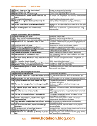 www.hotelson.blog.com      -   share for better

503 What’s the price of that electric iron?               Berapa harganya setrika listrik itu?
504 How much is this rug?                                 Karpet kecil ini berapa harganya?
505 Is this toothpaste on sale today?                     Apakah pasta gigi ini ada dijual hari ini?
506 That’s a beautiful leather wallet, but it cost too    Itu dompet kulit yang bagus, tapi harganya terlalu mahal?
    much.
507 How much do I owe you?                                Saya harus bayar berapa pada anda?
508 That will be eighteen dollars and seventy-five        Jadinya delapan belas dolar tujuh puluh lima sen.
    cents.
509 Do you have change for a twenty dollars bill?         Anda punya uang kembalian untuk uang kertas dua puluh
                                                          dollar?
510 The clerk helped me find what I wanted.               Pramuniaga itu membantu saya mencarikan apa yang
                                                          saya inginkan.


Eating in a restaurant = Makan di restoran.
511 What would you like to eat?                          Anda ingin makan apa?
512 I’d like a bowl of tomato soup, please.              Saya ingin sup tomat semangkuk, ya.
513 The waiter seems to be in a hurry to take our order. Pelayan tampaknya terburu-buru melayani pesanan kami.
514 Which would you rather have steak or fish?           Anda lebih suka makanan yang mana, daging potongan
                                                         tebal atau ikan?
515 I want my steak well done.                           Saya maunya daging yang dimasak matang.
516 What kind of vegetables do you have?                 Anda punya sayuran macam apa saja?
517 I’ll have mashed potatoes and green beans.           Saya mau makan kentang rebus tumbuk dan buncis hijau.
518 Would you please pass the salt?                      Tolong berikan saya garam, ya?
519 They serve good food in this restaurant.             Mereka menyajikan masakan enak di restoran ini
520 Are you ready for your dessert now?                  Apa anda sudah siap mau makan makanan cuci mulut
                                                         anda sekarang?
521 This knife is dirty. Would you bring me a clean one, Pisau ini kotor. Tolong bawakan saya yang bersih, ya?
     please?
522 May I have the check, please?                        Boleh saya minta rekeningnya?
523 You have your choice of three flavors of ice cream. Anda punya tiga pilihan aroma es krim.
524 We have vanilla, chocolate and strawberry.           Kami punya vanili, coklat, dan arbei.
525 We invited two guests to dinner, but they didn’t     Kami mengundang dua orang tamu bersantap malam,
     come.                                               tapi mereka tidak datang.

Going out for the evening = Keluar malam.
526 How long did the movie last?                         Filmnya main berapa lama?
527 The feature started at 9 o’clock and ended at 11:30. Film utamanya mulai main jam 9:00 dan berakhir jam
                                                         11:30.
528 They say the new film is an adventure story.         Kata orang film baru itu adalah suatu kisah petualangan.
529 A group of us went out to the theater last night.    Kami serombongan keluar menonton pertunjukan
                                                         sandiwara tadi malam.
530 The new play was good and everybody enjoyed it. Sandiwara yang baru itu baik dan setiap orang
                                                         menikmatinya.
531 By the time we got there, the play had already       Menjelang kami sampai disana, sandiwaranya sudah
    begun.                                               mulai.
532 The usher showed us to our seats.                    Petugas pengantar tamu mengantarkan kami ke tempat
                                                         duduk kami.
533 The cast of the play included a famous actor.        Termasuk di antara para pemain sandiwara itu ada
                                                         seorang aktor kenamaan.
534 After the play was over, we all wanted to get        Setelah sandiwaranya selesai, kami semua ingin
    something to eat.                                    mendapatkan sesuatu untuk di makan.
535 There was a big crowd and we had difficulty getting Ada kerumunan orang banyak dan kami kesulitan
    a taxi.                                              mendapatkan taksi.
536 The restaurant was filled, so we decided to go       Restorannya penuh, jadi kami memutuskan pergi ke
    elsewhere.                                           tempat lain saja.
537 My brother wants to learn how to dance.              Saudara laki-laki saya ingin belajar bagaimana berdansa.
538 We don’t go dancing very often.                      Kami tidak sering sekali pergi dansa.
539 Which would you rather do, go dancing or go to a Yang mana yang kamu lebih suka lakukan, pergi dansa
    play?                                                atau pergi menonton sandiwara?


                 Klik          www.hotelson.blog.com
 