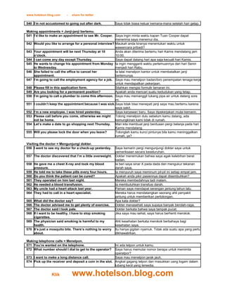 www.hotelson.blog.com     -   share for better

540 I’m not accustomed to going out after dark.           Saya tidak biasa keluar kemana-mana setelah hari gelap.

Making appointments = Janji-janji bertemu.
541 I’d like to make an appointment to see Mr. Cooper. Saya ingin minta waktu kapan Tuan Cooper dapat
                                                        menerima saya menemui dia.
542 Would you like to arrange for a personal interview? Maukah anda kiranya menentukan waktu untuk
                                                        wawancara pribadi?
543 Your appointment will be next Thursday at 10        Anda akan diterima bertemu hari Kamis mendatang jam
    o’clock.                                            10:00.
544 I can come any day except Thursday.                 Saya dapat datang hari apa saja kecuali hari Kamis.
545 He wants to change his appointment from Monday Ia ingin mengganti waktu pertemuannya dari hari Senin
    to Wednesday.                                       menjadi hari Rabu.
546 She failed to call the office to cancel her         Ia lalai menelpon kantor untuk membatalkan janji
    appointment.                                        bertemunya.
547 I’m going to call the employment agency for a job. Saya mau menelpon badan/biro penempatan tenaga kerja
                                                        untuk mendapatkan pekerjaan.
548 Please fill in this application form.               Silahkan mengisi formulir lamaran ini.
549 Are you looking for a permanent position?           Apakah anda mencari suatu kedudukan yang tetap.
550 I’m going to call a plumber to come this afternoon. Saya mau memanggil tukang pipa air untuk datang sore
                                                        ini.
551 I couldn’t keep the appointment because I was sick.Saya tidak bisa menepati janji saya mau bertemu karena
                                                        saya sakit.
552 I’m a new employee. I was hired yesterday.          Saya karyawan baru. Saya dipekerjakan mulai kemarin.
553 Please call before you come, otherwise we might Tolong menelpon dulu sebelum kamu datang, ada
    not be home.                                        kemungkinan kami tidak di rumah.
554 Let’s make a date to go shopping next Thursday. Mari kita membuat janji berduaan pergi belanja pada hari
                                                        Kamis mendatang.
555 Will you please lock the door when you leave?       Tolonglah kamu kunci pintunya bila kamu meninggalkan
                                                        rumah, ya?

Visiting the doctor = Mengunjungi dokter.
556 I went to see my doctor for a check-up yesterday.     Saya kemarin pergi mengunjungi dokter saya untuk
                                                          pemeriksaan secara keseluruhan.
557 The doctor discovered that I’m a little overweight.   Dokter menemukan bahwa saya agak kelebihan berat
                                                          badan.
558 He gave me a chest X-ray and took my blood            Ia beri saya sinar X pada dada dan mengukur tekanan
    pressure.                                             darah saya.
559 He told me to take these pills every four hours.      Ia menyuruh saya meminum pil-pil ini setiap empat jam.
560 Do you think the patient can be cured?                Apakah anda pikir pasiennya dapat disembuhkan?
561 They operated on him last night.                      Mereka membedahnya tadi malam.
562 He needed a blood transfusion.                        Ia membutuhkan transfusi darah.
563 My uncle had a heart attack last year.                Paman saya mendapat serangan jantung tahun lalu.
564 They had to call in a heart specialist.               Mereka harus mendatangkan seorang ahli penyakit
                                                          jantung untuk memberikan pertolongan.
565 What did the doctor say?                              Apa kata dokter?
566 The doctor advised me to get plenty of exercise.      Dokter menasehati saya supaya banyak berolah-raga.
567 The doctor said I look pale.                          Dokter berkata bahwa saya tampak pucat.
568 If I want to be healthy, I have to stop smoking       Jika saya mau sehat, saya harus berhenti merokok.
    cigarettes.
569 The physician said smoking is harmful to my           Ahli kesehatan berkata merokok berbahaya bagi
    health.                                               kesehatan saya.
570 It’s just a mosquito bite. There’s nothing to worry   Itu hanya gigitan nyamuk. Tidak ada suatu apa yang perlu
    about.                                                dikhawatirkan.

Making telephone calls = Menelpon.
571 You’re wanted on the telephone.                      Ini ada telpon untuk kamu.
572 What number should I dial to get to the operator?    Saya harus memutar nomor berapa untuk memimta
                                                         operatpor?
573 I want to meke a long distance call.                 Saya mau menelpon jarak jauh.
574 Pick up the receiver and deposit a coin in the slot. Angkat gagang telpon dan masukkan uang logam dalam
                                                         lubang kecil yang tersedia.

                Klik          www.hotelson.blog.com
 