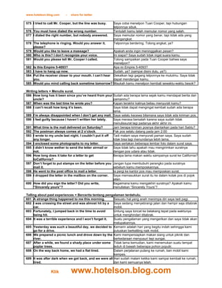 www.hotelson.blog.com      -   share for better

575 I tried to call Mr. Cooper, but the line was busy.   Saya coba menelpon Tuan Cooper, tapi hubungan
                                                         telponnya sibuk.
576 You must have dialed the wrong number.               Tentulah kamu telah memutar nomor yang salah.
577 I dialed the right number, but nobody answered.      Saya memutar nomor yang benar, tapi tidak ada yang
                                                         mengangkat.
578 The telephone is ringing. Would you answer it,       Telponnya berdering. Tolong angkat, ya?
    please?
579 Would you like to leave a massage?                    Apakah anda ingin meninggalkan pesan?
580 Who is this? I don’t recognize your voice.            Ini siapa? Saya sudah tidak ingat suara kamu.
581 Would you please tell Mr. Cooper I called.            Tolong sampaikan pada Tuan Cooper bahwa saya
                                                          menelpon?
582   Is this Empire 5-4093?                              Apa ini Empire 5-4093?
583   I have to hang up now.                              Sudah, ya? (sampai disini dulu, ya?)
584   Put the receiver closer to your mouth. I can’t hear Dekatkan lagi gagang telponnya ke mulutmu. Saya tidak
      you.                                                dapat mendengar kamu.
585   Would you mind calling back sometime tomorrow? Maukah kamu menelpon kembali sewaktu-waktu besok?

Writing letters = Menulis surat.
586 How long has it been since you’ve heard from your Sudah ada berapa lama sejak kamu mendapat berita dari
     uncle?                                               pamanmu?
587 When was the last time he wrote you?                  Kapan terakhir kalinya beliau menyurati kamu?
588 I can’t recall how long it’s been.                    Saya tidak dapat mengingat kembali sudah ada berapa
                                                          lama.
589 I’m always disappointed when I don’t get any mail. Saya selalu kecewa bilamana saya tidak ada kiriman pos.
590 I feel guilty because I haven’t written her lately.   Saya merasa bersalah karena saya sudah tidak
                                                          menulissurat lagi padanya akhir akhir ini.
591 What time is the mail delivered on Saturday?          Jam berapa kiriman posnya diantarkan pada hari Sabtu?
592 The postman always comes at 2 o’clock.                Pak pos selalu datang pada jam 2:00
593 I wrote to my uncle last night. I couldn’t put it off Tadi malam saya menyurati paman saya. Saya sudah
     any longer.                                          tidak bisa lagi menundanya lebih lama.
594 I enclosed some photographs to my letter.             Saya sertakan beberapa lembar foto dalam surat saya.
595 I didn’t know wether to send the letter airmail or    Saya tidak tahu apakah mau mengirimkan suratnya
     not.                                                 dengan pos udara atau tidak.
596 How long does it take for a letter to get             Berapa lama makan waktu sampainya surat ke California?
     toCalifornia?
597 Don’t forget to put stamps on the letter before you Jangan lupa membubuhi perangko pada suratnya
     mail it.                                             sebelum kamu memposkannya.
598 He went to the post office to mail a letter.          Ia pergi ke kantor pos mau memposkan surat.
599 I dropped the letter in the mailbox on the corner. Saya memasukkan surat itu ke dalam kotak pos di pojok
                                                          jalan.
600 How did you sign the letter? Did you write,           Bagaimana kamu mengakhiri suratnya? Apakah kamu
     “Sincerely yours”?                                   menuliskan “Sincerely Yours”?

Telling about past experiences = Bercerita tentang pengalaman terdahulu.
601 A strange thing happened to me this morning.        Sesuatu hal yang aneh menimpa diri saya tadi pagi.
602 I was crossing the street and was almost hit by a Saya sedang menyebrangi jalan dan hampir saja ditabrak
     car.                                               mobil.
603 Fortunately, I jumped back in the time to avoid     Untung saya loncat ke belakang tepat pada waktunya
     being hit.                                         untuk menghindari ditabrak.
604 It was a terrible experience and I won’t forget it. Suatu pengalaman yang mengerikan dan saya tidak akan
                                                        melupakannya.
605 Yesterday was such a beautiful day, we decided to Kemarin adalah hari yang begitu indah sehingga kami
     go for a drive.                                    putuskan berkeliling naik mobil.
606 We prepared a picnic lunch and drove down by the Kami mempersiapkan makan siang untuk piknik dan
     river.                                             berkedaraan menyusuri tepi sungai.
607 After a while, we found a shady place under some Tidak lama kemudian, kami menemukan suatu tempat
     poplar trees.                                      teduh di bawah beberapa pohon populir.
608 On the way back home, we had a flat tired.          Dalam perjalanan pulang ke rumah, ban mobil kami
                                                        kempes.
609 It was after dark when we got back, and we were all Hari sudah malam ketika kami sampai kembali ke rumah,
     tired.                                             dan kami semuanya lelah.

                 Klik          www.hotelson.blog.com
 