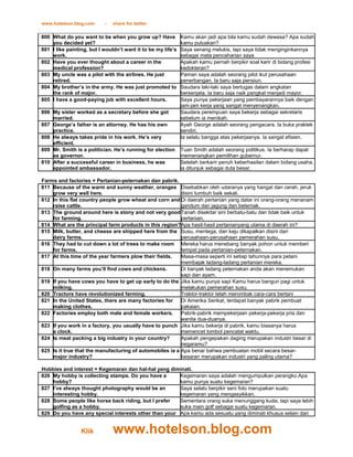 www.hotelson.blog.com      -   share for better

800 What do you want to be when you grow up? Have             Kamu akan jadi apa bila kamu sudah dewasa? Apa sudah
    you decided yet?                                          kamu putuskan?
801 I like painting, but I wouldn’t want it to be my life’s   Saya senang melukis, tapi saya tidak menginginkannya
    work.                                                     sebagai mata pencaharian saya
802 Have you ever thought about a career in the               Apakah kamu pernah berpikir soal karir di bidang profesi
    medical profession?                                       kedokteran?
803 My uncle was a pilot with the airlines. He just           Paman saya adalah seorang pilot ikut perusahaan
    retired.                                                  penerbangan. Ia baru saja pensiun.
804 My brother’s in the army. He was just promoted to         Saudara laki-laki saya bertugas dalam angkatan
    the rank of major.                                        bersenjata. Ia baru saja naik pangkat menjadi mayor.
805 I have a good-paying job with excellent hours.            Saya punya pekerjaan yang pembayarannya baik dengan
                                                              jam-jam kerja yang sangat menyenangkan.
806 My sister worked as a secretary before she got            Saudara perempuan saya bekerja sebagai sekretaris
    married.                                                  sebelum ia menikah.
807 George’s father is an attorney. He has his own            Ayah George adalah seorang pengacara. Ia buka praktek
    practice.                                                 sendiri.
808 He always takes pride in his work. He’s very              Ia selalu bangga atas pekerjaanya. Ia sangat efisien.
    efficient.
809 Mr. Smith is a politician. He’s running for election      Tuan Smith adalah seorang politikus. Ia berharap dapat
    as governor.                                              memenangkan pemilihan gubernur.
810 After a successful career in business, he was             Setelah berkarir penuh keberhasilan dalam bidang usaha,
    appointed ambassador.                                     ia ditunjuk sebagai duta besar.

Farms and factories = Pertanian-peternakan dan pabrik.
811 Because of the warm and sunny weather, oranges Disebabkan oleh udaranya yang hangat dan cerah, jeruk
    grow very well here.                                  disini tumbuh baik sekali.
812 In this flat country people grow wheat and corn and Di daerah pertanian yang datar ini orang-orang menanam
    raise cattle.                                         gandum dan jagung dan beternak.
813 The ground around here is stony and not very good Tanah disekitar sini berbatu-batu dan tidak baik untuk
    for farming.                                          pertanian.
814 What are the principal farm products in this region?Apa hasil-hasil pertanianyang utama di daerah ini?
815 Milk, butter, and cheese are shipped here from the Susu, mentega, dan keju dikapalkan disini dari
    dairy farms.                                          perusahaan-perusahaan pemerahan susu.
816 They had to cut down a lot of trees to make room Mereka harus menebang banyak pohon untuk memberi
    for farms.                                            tempat pada pertanian-peternakan.
817 At this time of the year farmers plow their fields.   Masa-masa seperti ini setiap tahunnya para petani
                                                          membajak ladang-ladang pertanian mereka.
818 On many farms you’ll find cows and chickens.          Di banyak ladang peternakan anda akan menemukan
                                                          sapi dan ayam.
819 If you have cows you have to get up early to do the Jika kamu punya sapi Kamu harus bangun pagi untuk
    milking.                                              melakukan pemerahan susu.
820 Tractors have revolutionized farming.                 Traktor-traktor telah merombak cara-cara bertani
821 In the United States, there are many factories for    Di Amerika Serikat, terdapat banyak pabrik pembuat
    making clothes.                                       pakaian.
822 Factories employ both male and female workers.        Pabrik-pabrik mempekerjaan pekerja-pekerja pria dan
                                                          wanita dua-duanya.
823 If you work in a factory, you usually have to punch Jika kamu bekerja di pabrik, kamu biasanya harus
    a clock.                                              memencet tombol pencatat waktu.
824 Is meat packing a big industry in your country?       Apakah pengepakan daging merupakan industri besar di
                                                          negaramu?
825 Is it true that the manufacturing of automobiles ia a Apa benar bahwa pembuatan mobil secara besar-
    major industry?                                       besaran merupakan industri yang paling utama?

Hobbies and interest = Kegemaran dan hal-hal yang diminati.
826 My hobby is collecting stamps. Do you have a      Kegemaran saya adalah mengumpulkan perangko.Apa
    hobby?                                            kamu punya suatu kegemaran?
827 I’ve always thought photography would be an       Saya selalu berpikir seni foto merupakan suatu
    interesting hobby.                                kegemaran yang mengasyikkan.
828 Some people like horse back riding, but I prefer  Sementara orang suka menunggang kuda, tapi saya lebih
    golfing as a hobby.                               suka main golf sebagai suatu kegemaran.
829 Do you have any special interests other than your Apa kamu ada sesuatu yang diminati khusus selain dari


                 Klik          www.hotelson.blog.com
 