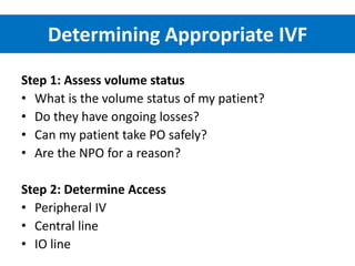 Determining Appropriate IVF
Step 1: Assess volume status
• What is the volume status of my patient?
• Do they have ongoing losses?
• Can my patient take PO safely?
• Are the NPO for a reason?
Step 2: Determine Access
• Peripheral IV
• Central line
• IO line
 