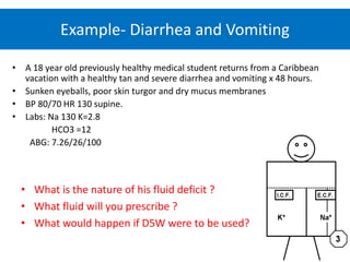 Example- Diarrhea and Vomiting
• A 18 year old previously healthy medical student returns from a Caribbean
vacation with a healthy tan and severe diarrhea and vomiting x 48 hours.
• Sunken eyeballs, poor skin turgor and dry mucus membranes
• BP 80/70 HR 130 supine.
• Labs: Na 130 K=2.8
HCO3 =12
ABG: 7.26/26/100
• What is the nature of his fluid deficit ?
• What fluid will you prescribe ?
• What would happen if D5W were to be used?
 