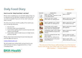 Daily Food Diary                                                                                                        Introduction

How to use the “Daily Food Diary” and why?                        Symbols               Explanation                           Amount
                                                                            Drinks / Coffee / Tea                   Approx. deciliter
Please note everything you eat and drink during 4 days. Try                 Please note sugar / sweetener or milk
                                                                            in the defined column
to separate into the specified categories and amounts as
                                                                            Specific fruits raw or cooked           Approx. grams dry or cooked
accurate as possible. If you are not sure, don’t worry, just
                                                                            Please define the cooking process       Piece/handful/small cup
write a remark.

The times, the amount and the quality of the nutrient you                   Specific vegetables raw or cooked       Approx. grams dry or cooked
                                                                            Please define the cooking process       Piece/ handful/small cup/
eat can directly determine:

   1. how you feel                                                          Protein intake cold or cooked           Approx. grams dry or cooked/
                                                                            meat/fish/cheese/milk/yogurt/eggs       pieces/portions
   2. how your body is processing food                                      Please define the cooking process
   3. if your body is getting what it needs to function and                 Carbohydrate intake, cold or cooked     Approx. grams dry or cooked/
      adjust to your lifestyle                                              Bread/Rice/Noodles/Cereals/Lentils      pieces/bowls/
   4. if your body is able to build resources to fight viruses              /Potatos
      and free radicals                                                     Oil & Fats, including Avocado, Nuts     Approx. deciliter for liquid
                                                                            cold or heated                          oils, grams for hardened fats
Please chose 4 just normal days for your food diary and                     Please define the cooking process
send the filled out forms to:                                               Cake/Sugar/Sweetener/Chocolate/         Approx. grams / table
                                                                            Pastry/Pudding etc.                     spoons/cubes/pieces/servings
nutrition@bkk-health.com

We will analyze your eating habits and get back to you
within 48 hours to make an appointment for a 1 hour                “The doctor of the future will no longer treat the human
consulting session.                                              frame with drugs, but rather will cure and prevent disease
                                                                               with nutrition.”~ Thomas Edison
 