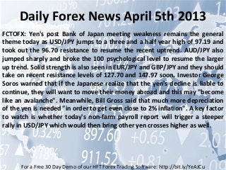 Daily Forex News April 5th 2013
FCTOFX: Yen's post Bank of Japan meeting weakness remains the general
theme today as USD/JPY jumps to a three and a half year high of 97.19 and
took out the 96.70 resistance to resume the recent uptrend. AUD/JPY also
jumped sharply and broke the 100 psychological level to resume the larger
up trend. Solid strength is also seen in EUR/JPY and GBP/JPY and they should
take on recent resistance levels of 127.70 and 147.97 soon. Investor George
Soros warned that if the Japanese realize that the yen's decline is liable to
continue, they will want to move their money abroad and this may "become
like an avalanche". Meanwhile, Bill Gross said that much more depreciation
of the yen is needed "in order to get even close to 2% inflation". A key factor
to watch is whether today's non-farm payroll report will trigger a steeper
rally in USD/JPY which would then bring other yen crosses higher as well.




      For a Free 30 Day Demo of our HFT Forex Trading Software: http://bit.ly/YeAJCu
 