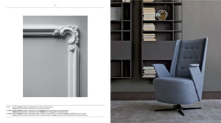 pag 31 poltrona Embrace lounge con schienale alto in pelle carta da zucchero.
Embrace lounge armchair with high back in powder blue leather.
pag 32-33 poltrona Embrace lounge in tessuto oro e divano Embrace 2p in tessuto beige con schienale medio.
Embrace lounge armchair in gold fabric and 2p Embrace sofa in beige fabric with medium back.
pag 35-37 poltrona Embrace lounge con schienale medio in tessuto carta da zucchero. contenitori Contatto p70X200hcm laccati in titanio.
Embrace lounge armchair with medium back in powder blue fabric. Contatto storage cabinets D70Xh200cm in lacquered titanium.
34 35
 