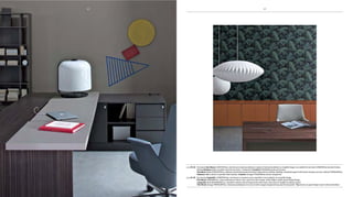 pag 40-42 scrivania San Marco L210xp115cm, struttura in essenza zebrano e piano di lavoro/modesty in ecopelle fango con mobile di servizio L150xp65cm laccato brown.
sedute Embrace Contatto p70xh200cm laccati brown.
San Marco desk W210xD115cm, zebrano wood framework and mud-coloured eco leather desktop /modesty panel with brown lacquer service cabinet W150xD65cm.
Embrace Contatto storage D70xh200cm brown lacquered.
pag 43-45 scrivania Campiello L200Xp100cm, struttura in essenza noce canaletto con modesty in ecopelle fango.
File Wood L500xh87cm, cassa melamina titanio, top e ante laccate orange. sedia Tua in pelle grigio beige/fango.
Campiello desk W200XD100cm, canaletto walnut wood framework with mud-coloured eco leather modesty panel.
File Wood storage W500xh87cm, titanium melamine structure with orange lacquered top and front panels. Tua chairs in grey-beige/ mud-coloured leather.
434242
 