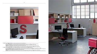 pag 62-63 Bench 4p More L360xp160cm, struttura cromata e piano in vetro acidato bianco.
Libreria e-Wall L200xh163 con pannelli di fondo laccati bianco uE, mensole in essenza noce canaletto e carabottini laccati cedro.
contenitori L3200xh89cm con cassa laccata bianco uE e frontali laccati bianco uE/cedro. sedute Uniqa in tessuto verde.
4p More bench W360xD160cm, chromed framework and frosted white glass top.
e-Wall bookcase W200xh163cm with uE white lacquered bottom panels, canaletto walnut wood shelves and cedar lacquered racks.
storage units W3200xh89cm with uE white lacquered structure and lacquered uE white/cedar door fronts. Uniqa chairs in green fabric.
pag 64-65 Workwall Loop In+e-Wall: scrivanie Loop In L160xp80cm laccate grigio perla. Libreria e-Wall L480xh214cm
con pannelli di fondo in essenza acero, pannello pinnable in tessuto, mensole laccate grigio perla, ante scorrevoli in vetro acidato rosso alfa.
contenitore File Wood L100xh122cm, cassa melamina bianco uE e top e frontali in essenza acero. sedute Modo con schienale in rete e seduta in tessuto rosso.
Loop In+e-Wall worwall: Loop In desk W160xD80cm lacquered pearl grey.
e-Wall bookcase W480xh214cm with maple back panels, pinnable screen, pearl grey painted shelves, frosted Alfa red glass sliding doors.
File Wood storage units W100xh122cm, uE white melamine structure and maple wood top and front panels. Modo chairs with mesh back and red fabric seats.
6564 65
 