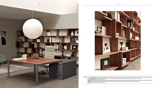 pag 82-85 scrivania Asterisco In L160xp160cm, struttura bianco uE/titanio e piano in essenza noce canaletto con mobile di servizio L110xp65cm laccato bianco uE/titanio.
Libreria e-Wall
seduta Embrace
Asterisco In desk W160xD160cm, uE white/titanium framework and desktop in canaletto walnut wood with uE white/titanium lacquered service cabinet W110xD65cm.
e-Wall bookcase W800xh214cm with uE white lacquered back panels and shelves, side panels and canaletto walnut wood racks.
Embrace
8584
 