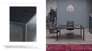 pag 86-87 Tavolo More L160xp160cm, struttura brown lucido extra e piano in ebano lucido.
contenitori L160xh131, cassa laccata brown e ante in essenza ebano lucido. seduta Embrace riunione in pelle fango.
More table W160xD160cm, high gloss brown framework and table top in glossy ebony.
storage units W160xh131cm, brown lacquered structure and glossy ebony wood doors. Embrace meeting chairs in mud-coloured leather.
8786 87
 