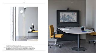 pag 116-117 Bench 2p More L160xp160cm, struttura cromata e piano in vetro acidato bianco con schermo in vetro acidato.
sedute Uniqa on struttura in alluminio lucido e tessuto verde.
2p More bench W160xD160cm, chromed framework and frosted white glass top with frosted glass screen.
Uniqa chairs with glossy aluminum framework and green fabric.
pag 119-121 sistema per video conferenza Frame+tavolo a base circolare: modulo Frame L100xh150cm, struttura laccata brown.
Tavolo a base circolare L200xp100cm, base laccata brown e piano in melamina magnolia. sedute M2 in tessuto giallo.
Frame + circular base table system for video conference: Frame module W100xh150cm, brown lacquered framework.
Circular base table W200xD100cm, lacquered brown base and magnolia melamine top. M2 chairs in yellow fabric.
119118 119
 