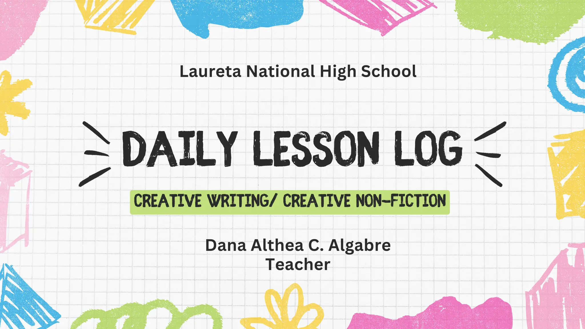 DAILY LESSON LOG
CREATIVE WRITING/ CREATIVE NON-FICTION
Dana Althea C. Algabre
Teacher
Laureta National High School