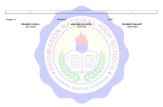 Prepared by:
RICHARD G. CADIZAL
SHS Teacher
Checked by:
ANA LISSA R. PATACSIL
Track Head
Noted:
ROLANDO D. BALAGOT
School Head
 