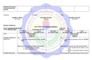 (Reflection for the teacher:
on the teaching learning
episodes)
- -
Prepared by:
RICHARD G. CADIZAL
SHS Teacher
Checked by:
ANA LISSA R. PATACSIL
Track Head
Noted:
ROLANDO D. BALAGOT
School Head
SHS DAILY LESSON LOG
DAILY LESSON LOG in PRACTICAL RESEARCH 2
School: Tanglag National High School Grade Level: 12
Teacher: Richard G. Cadizal Track & Strand: TVL track Semester: 1st
Monday
Date: August 14, 2017
Tuesday
Date: August 15, 2017
Wednesday
Date: August 16, 2017
Thursday
Date: August 17, 2017
Friday
Date: August 18, 2017
TOPIC Finding Answers
through Data
Collection
Finding Answers
through Data
Collection
LEARNING COMPETENCY/
OBJECTIVES
LC:
 collects data using appropriate instruments. CS_RS12-
IId-g-1
LC:
 collects data using appropriate instruments. CS_RS12-
IId-g-1
SLO: At the end of the lesson, the students should be able to:
1. Determine objectives of the study.
2. Define the population interest
SLO: At the end of the lesson, the students should be able to:
1. Choose variables that will measure in their
study.
2. Decide on an appropriate design for producing
data.
LEARNING RESOURCES: Practical Research 2 (Quantitative Research for SHS)- LoriMar Practical Research 2 (Quantitative Research for SHS)- LoriMar
 