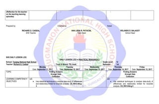 (Reflection for the teacher:
on the teaching learning
episodes)
- -
Prepared by:
RICHARD G. CADIZAL
SHS Teacher
Checked by:
ANA LISSA R. PATACSIL
Track Head
Noted:
ROLANDO D. BALAGOT
School Head
SHS DAILY LESSON LOG
DAILY LESSON LOG in PRACTICAL RESEARCH 2
School: Tanglag National High School Grade Level: 12
Teacher: Richard G. Cadizal Track & Strand: TVL track Semester: 1st
Monday
Date: September 11, 2017
Tuesday
Date: September 12, 2017
Wednesday
Date: September 13, 2017
Thursday
Date: September 14, 2017
Friday
Date: September 15, 2017
TOPIC Finding Answers
through Data
Collection
Finding Answers
through Data
Collection
LEARNING COMPETENCY/
OBJECTIVES
LC:
 Use statistical techniques to analyse data-study of differences
and relationship limited for bivariate analysis. CS_RS12-IId-g-
3
LC:
 Use statistical techniques to analyse data-study of
differences and relationship limited for bivariate
analysis. CS_RS12-IId-g-3
 