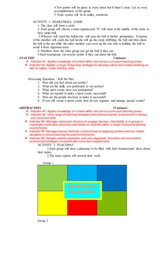 4.Two points will be given in every shoot but if there’s none 1 pt. in every
accomplishment of the group.
5. Point system will be in smiley emoticons
ACTIVITY 1 : BASKETBALL GAME
1. The class will form a circle.
2. Each group will choose a team captain,each TC will meet at the middle of the circle to
have jump ball.
3.Whoever will catch the ball,he/she will pass the ball to his/her groupmates. If anyone
of the member will catch the ball he/she will go the circle dribbling the ball and then shoot
the ball to the net while the other member can cover up the one who is holding the ball to
avoid it from opponent team.
4. Members from the other group can get the ball if they can.
5.Each team/group can receive points if they can shoot the ball.
ANALYSIS 5 minutes
 Indicator #1. Applies knowledge of content within and across curriculum teaching areas.
 Indicator #3. Applies a range of teaching strategies to develop critical and creative thinking as
well as higher –order thinking skills.
Processing Questions : Roll the Dice
1. How did you feel about our activity?
2. What are the skills you performed in our activity?
3. What sport events have you participated?
4. What are needed to make a sport events successful?
5. Who are the people involved to make it successful?
6. If you will create a sports event, how do you organize and manage special events?
ABSTRACTION 15 minutes
 Indicator #1. Applies knowledge of content within and across curriculum teaching areas.
 Indicator #2. Uses range of teaching strategies that enhance learner achievement in literacy
and numerical skills.
 Indicator #4. Manages classroom structure to engage learners, individually or in groups,in
meaningful exploration,discovery and hands-on activities within a range of physical learning
environments.
 Indicator #5. Manages learner behavior constructively by applying positive and non-violent
discipline to ensure learning-focused environments.
 Indicator #9. Designs,selects,organizes, and uses diagnostic, formative and summative
assessment strategies consistent with curriculum requirements.
ACTIVITY 2 : PLACEMAT
1.Each group will have a placemat to be filled with their brainstormed ideas about
their topics.
2.The team captain will present their work.
Group 1
Group 2
 