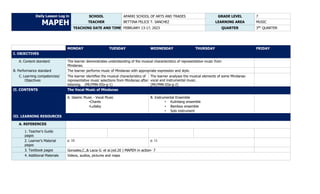 Daily Lesson Log in
MAPEH
SCHOOL APARRI SCHOOL OF ARTS AND TRADES GRADE LEVEL 7
TEACHER BETTINA FELICE T. SANCHEZ LEARNING AREA MUSIC
TEACHING DATE AND TIME FEBRUARY 13-17, 2023 QUARTER 3RD
QUARTER
MONDAY TUESDAY WEDNESDAY THURSDAY FRIDAY
I. OBJECTIVES
A. Content standard The learner demonstrates understanding of the musical characteristics of representative music from
Mindanao.
B. Performance standard The learner performs music of Mindanao with appropriate expression and style.
C. Learning competencies/
Objectives
The learner identifies the musical characteristics of
representative music selections from Mindanao after
listening. (MU7MN-IIIa-g-1)
The learner analyses the musical elements of some Mindanao
vocal and instrumental music.
(MU7MN-IIIa-g-2)
II. CONTENTS The Vocal Music of Mindanao
A. Islamic Music - Vocal Music
•Chants
•Lullaby
B. Instrumental Ensemble
• Kulintang ensemble
• Bamboo ensemble
• Solo instrument
III. LEARNING RESOURCES
A. REFERENCES
1. Teacher’s Guide
pages
2. Learner’s Material
pages
p. 10 p. 11
3. Textbook pages Gonzales,C.,& Lacia G. et al.(ed.20 ) MAPEH in action- 7
4. Additional Materials Videos, audios, pictures and maps
 