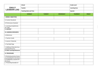 Learning Tuesdays Example DAILY LESSON LOG Template (Template DLL in school) | DOCX