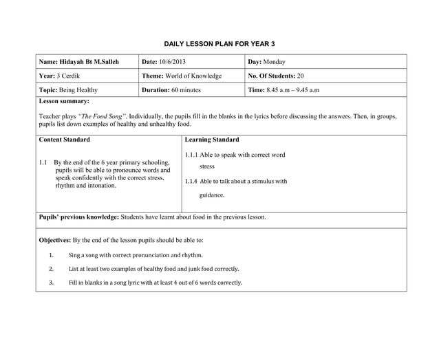 Daily lesson plan for year 3 | PPT
