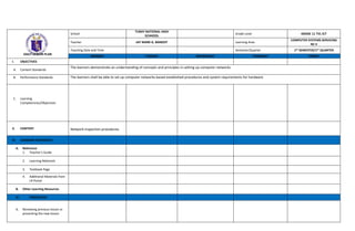 DAILY LESSON PLAN
School
TUBAY NATIONAL HIGH
SCHHOOL
Grade Level GRADE 11 TVL-ICT
Teacher JAY MARK G. BANDOY Learning Area
COMPUTER SYSTEMS SERVICING
NC II
Teaching Date and Time Semester/Quarter 1ST SEMESTER/1ST QUARTER
MONDAY TUESDAY WEDNESDAY THURSDAY FRIDAY
I. OBJECTIVES
A. Content Standards
The learners demonstrate an understanding of concepts and principles in setting up computer networks
B. Performance Standards The learners shall be able to set up computer networks based established procedures and system requirements for hardware
C. Learning
Competencies/Objectives
II. CONTENT Network inspection procedures
III. LEARNING RESOURCES
A. Reference
1. Teacher’s Guide
2. Learning Materials
3. Textbook Page
4. Additional Materials from
LR Portal
B. Other Learning Resources
IV. PROCEDURE
A. Reviewing previous lesson or
presenting the new lesson
 