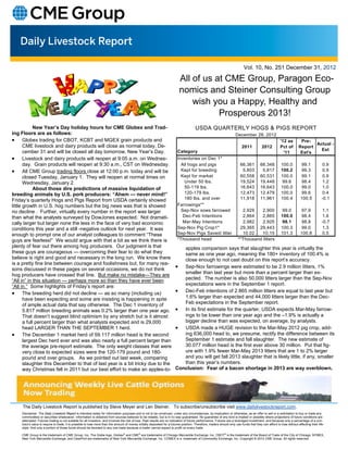 Vol. 10, No. 251 December 31, 2012

                                                                                                                             All of us at CME Group, Paragon Eco-
                                                                                                                             nomics and Steiner Consulting Group
                                                                                                                                 wish you a Happy, Healthy and
                                                                                                                                        Prosperous 2013!
             New Year’s Day holiday hours for CME Globex and Trad-                                                                       USDA QUARTERLY HOGS & PIGS REPORT
ing Floors are as follows:                                                                                                                                              December 28, 2012
 Globex trading for CBOT, KCBT and MGEX grain products and                                                                                                                                              '12 as         Pre-
       CME livestock and dairy products will close as normal today, De-                                                                                                                                                        Actual -
                                                                                                                                                                             2011           2012          Pct of        Report
                                                                                                                           Category                                                                                              Est
       cember 31 and will be closed all day tomorrow, New Year’s Day.                                                                                                                                       '11          Est's
 Livestock and dairy products will reopen at 9:05 a.m. on Wednes-                                                        Inventories on Dec 1*
       day. Grain products will reopen at 9:30 a.m., CST on Wednesday.                                                       All hogs and pigs                             66,361          66,348          100.0          99.1            0.9
 All CME Group trading floors close at 12:00 p.m. today and will be                                                        Kept for breeding                              5,803           5,817          100.2          99.3            0.9
       closed Tuesday, January 1. They will reopen at normal times on                                                        Kept for market                               60,558          60,531          100.0          99.1            0.9
       Wednesday, January 2.                                                                                                   Under 50 lbs.                               19,524          19,448           99.6          98.4            1.2
             About those dire predictions of massive liquidation of                                                            50-119 lbs.                                 16,643          16,643          100.0          99.0            1.0
breeding animals by U.S. pork producers: “Ahem — never mind!”                                                                  120-179 lbs.                                12,473          12,479          100.0          99.6            0.4
Friday’s quarterly Hogs and Pigs Report from USDA certainly showed                                                             180 lbs. and over                           11,918          11,961          100.4         100.5            -0.1
little growth in U.S. hog numbers but the big news was that is showed                                                      Farrowings**
no decline . Further, virtually every number in the report was larger                                                        Sep-Nov sows farrowed                          2,929    2,900                  99.0          97.9            1.1
than what the analysts surveyed by DowJones expected. Not dramati-                                                            Dec-Feb Intentions                            2,864    2,865                 100.0          98.4            1.6
cally larger but larger none the less in the face of very bad economic                                                        Mar-May Intentions                            2,982    2,925                  98.1          98.8            -0.7
conditions this year and a still -negative outlook for next year. It was                                                   Sep-Nov Pig Crop1*                              29,365 29,443                   100.3          99.0            1.3
enough to prompt one of our analyst colleagues to comment “These                                                           Sep-Nov Pigs Saved/ litter                       10.02    10.15                 101.3         100.8            0.5
guys are fearless!” We would argue with that a bit as we think there is                                                    *Thousand head                                 **Thousand litters
plenty of fear out there among hog producers. Our judgment is that                                                           apples comparison says that slaughter this year is virtually the
these guys are courageous — overcoming their fear to do what they                                                            same as one year ago, meaning the 180+ inventory of 100.4% is
believe is right and good and necessary in the long run. We know there                                                       close enough to not cast doubt on this report’s accuracy.
is a pretty fine line between courage and foolishness but, for many rea-
sons discussed in these pages on several occasions, we do not think
                                                                                                                           Sep-Nov farrowings were estimated to be 2.9 million litters, 1%
hog producers have crossed that line. But make no mistake—They are                                                           smaller than last year but more than a percent larger than ex-
“All in” in this situation — perhaps more so than they have ever been                                                        pected. The number is also 50,000 litters larger than the Sep-Nov
“All in.” Some highlights of Friday’s report are:                                                                            expectations were in the September 1 report.
 The breeding herd did not decline — as so many (including us)                                                           Dec-Feb intentions of 2.865 million litters are equal to last year but
       have been expecting and some are insisting is happening in spite                                                      1.6% larger than expected and 44,000 litters larger than the Dec-
       of ample actual data that say otherwise. The Dec 1 inventory of                                                       Feb expectations in the September report.
       5.817 million breeding animals was 0.2% larger than one year ago.                                                   In its first estimate for the quarter, USDA expects Mar-May farrow-
       That doesn’t suggest blind optimism by any stretch but is it almost                                                   ings to be lower than one year ago and the –1.9% is actually a
       a full percent larger than what analysts expected and is 29,000                                                       bigger decline than was expected, on average, by analysts.
       head LARGER THAN THE SEPTEMBER 1 herd.                                                                              USDA made a HUGE revision to the Mar-May 2012 pig crop, add-
 The December 1 market herd of 59.117 million head is the second                                                           ing 636,000 head to, we presume, rectify the difference between its
       largest Dec herd ever and was also nearly a full percent larger than                                                  September 1 estimate and fall slaughter. The new estimate of
       the average pre-report estimate. The only weight classes that were                                                    30.077 million head is the first ever above 30 million. Put that fig-
       very close to expected sizes were the 120-179 pound and 180-                                                          ure with 1.9% fewer Mar-May 2013 litters that are 1 to 2% larger
       pound and over groups. As we pointed out last week, comparing                                                         and you will get fall 2013 slaughter that is likely little, if any, smaller
       slaughter this December to that of last year is a bit tricky due to the                                               than this year’s numbers.
       way Christmas fell in 2011 but our best effort to make an apples-to-                                               Conclusion: Fear of a bacon shortage in 2013 are way overblown.




     The Daily Livestock Report is published by Steve Meyer and Len Steiner. To subscribe/unsubscribe visit www.dailylivestockreport.com.
     Disclaimer: The Daily Livestock Report is intended solely for information purposes and is not to be construed, under any circumstances, by implication or otherwise, as an offer to sell or a solicitation to buy or trade any
     commodities or securities whatsoever. Information is obtained from sources believed to be reliable, but is in no way guaranteed. No guarantee of any kind is implied or possible where projections of future conditions are
     attempted. Futures trading is not suitable for all investors, and involves the risk of loss. Past results are no indication of future performance. Futures are a leveraged investment, and because only a percentage of a con-
     tract’s value is require to trade, it is possible to lose more than the amount of money initially deposited for a futures position. Therefore, traders should only use funds that they can afford to lose without affecting their life-
     style. And only a portion of those funds should be devoted to any one trade because a trader cannot expect to profit on every trade.

     CME Group is the trademark of CME Group, Inc. The Globe logo, Globex® and CME® are trademarks of Chicago Mercantile Exchange, Inc. CBOT® is the trademark of the Board of Trade of the City of Chicago. NYMEX,
     New York Mercantile Exchange, and ClearPort are trademarks of New York Mercantile Exchange. Inc. COMEX is a trademark of Commodity Exchange, Inc. Copyright © 2012 CME Group. All rights reserved.
 