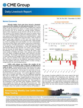 Vol. 10, No. 222 / November 15, 2012

Market Comments                                                                                                                                                                               US FEEDLOT INVENTORY
                                                                                                                                                                                      Feedlots with 1000+ Cattle, USDA, 000 head
          Sharply higher feed costs have forced a dramatic                                                                                                             12,300




                                                                                                                            BEGINNING OF MONTH INVENTORIES, 000 HEAD
reduction in the number of cattle placed on feed. Since June,
when corn prices started their upward move, feedlots have reduced
                                                                                                                                                                       11,800
feedlot cattle placements by almost 1.3 million head compared to
the previous year (if we include the average October estimate).
Some of this comparison may be skewed a bit by the fact that in                                                                                                        11,300
2011 feeders in the Southern Plains were forced to market calves
early due to drought pressures and lack of adequate pastures. This
                                                                                                                                                                       10,800
year, pastures in the Southern Plains were somewhat better, which                                                                                                                                                                      Range of
limited placements of light cattle from that region. Still, overall US                                                                                                                                                               Estimates and
                                                                                                                                                                                                                                        Average
pasture and range conditions in 2012 were even worse than in                                                                                                           10,300
2011. Which brings us back to corn and other feeds. While drought
is a factor in pushing calves onto feedlots, it is not a determinant.
                                                                                                                                                                        9,800
The matrix of feed, feeder cattle and live cattle prices is what deter-                                                                                                         JAN   FEB   MAR APR MAY JUN     JUL   AUG   SEP   OCT NOV DEC
mines the pace of feedlot placements. Feedlot operators are adept
at running least cost formulations on their feed ingredients but                                                                                                                      2007-11 Avg.             2011                 2012
that becomes difficult when all feeds, corn, wheat, soy meal, DDGs,
hay, etc increase by double digits in a matter of weeks. Consider                                                            000 HEAD                                            GROWTH IN NUMBER OF CATTLE PLACED ON FEED
the following: Cash corn in October at $7.76/bu (KC basis) +22%,                                                                                                                               CHANGE VS. YEAR AGO, 000 HEAD
                                                                                                                            500
winter wheat at $9.69/bu (KC basis) +23%, soybean meal at $490/
ton +61%, DDGs at $290/ton (KC basis) +26%, and hay at all time
                                                                                                                                                                                                                                     ‐1.27 MM head
record highs. The drought and high feed costs have depressed feed-                                                          300                                                                                                         since Jun
er cattle values but not enough to offset the entire increase in feed                                                                                                                                                                 *includes Oct 
                                                                                                                                                                                                                                    analyst estimate
prices. Also, the volatility in live cattle markets and the inability of
                                                                                                                            100
the beef cutout to break over the $200/cwt. mark point to the fact
that beef supplies will need to decline further in order to bring a
margin back in the cattle feeding business.                                                                                (100)

         USDA will release on Friday the results of its
monthly survey of feedlots with a capacity of 1000 head of                                                                 (300)
cattle or more. Analysts polled by Dow Jones ahead of the report
all agree that placements during October will continue to decline
compared to year ago levels. On average the expectation is for cat-                                                        (500)

tle placements to be down 12.7% from a year ago and also 13.9%
lower than the five year average. It is a pretty aggressive estimate
given that in October 2012 there were two additional marketing
days than in October 2011. Cattle marketings for the month are                                                           The average of analysts polled for the survey expects the total
expected to be modestly higher, largely because of those two extra                                                       inventory to be down 5.4% compared to year ago levels. This
marketing days. On average analysts polled expect marketings for                                                         represents a shortfall of about 640,000 head compared to last
October to be 2.6% higher than the previous year. This compares to                                                       year and the expectation is for placements to remain light in the
the preliminary steer and heifer daily slaughter statistics which                                                        next two months. The rapid decline in placements implies a no-
show slaughter for October up 3.8% from the previous year. The                                                           table reduction in the number of cattle available for marketing by
combination of lower placements and higher marketings is expected                                                        Q2 for 2013, the time when demand for grilling season hits its
to sharply reduce the number of cattle on feed as of November 1.                                                         peak.




     The Daily Livestock Report is published by Steve Meyer and Len Steiner. To subscribe/unsubscribe visit www.dailylivestockreport.com.
     Disclaimer: The Daily Livestock Report is intended solely for information purposes and is not to be construed, under any circumstances, by implication or otherwise, as an offer to sell or a solicitation to buy or trade any
     commodities or securities whatsoever. Information is obtained from sources believed to be reliable, but is in no way guaranteed. No guarantee of any kind is implied or possible where projections of future conditions are
     attempted. Futures trading is not suitable for all investors, and involves the risk of loss. Past results are no indication of future performance. Futures are a leveraged investment, and because only a percentage of a con-
     tract’s value is require to trade, it is possible to lose more than the amount of money initially deposited for a futures position. Therefore, traders should only use funds that they can afford to lose without affecting their life-
     style. And only a portion of those funds should be devoted to any one trade because a trader cannot expect to profit on every trade.


     CME Group is the trademark of CME Group, Inc. The Globe logo, Globex® and CME® are trademarks of Chicago Mercantile Exchange, Inc. CBOT® is the trademark of the Board of Trade of the City of Chicago. NYMEX,
     New York Mercantile Exchange, and ClearPort are trademarks of New York Mercantile Exchange. Inc. COMEX is a trademark of Commodity Exchange, Inc. Copyright © 2011 CME Group. All rights reserved.
 