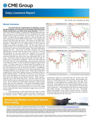 Vol. 10, No. 210 / October 30, 2012

Market Comments                                                                                                        WEEKLY STEER + HEIFER SLAUGHTER: 2012 vs. 2011
                                                                                                                                 000 head
                                                                                                                                                                                        WEEKLY COW + BULL SLAUGHTER: 2012 vs. 2011
                                                                                                                                                                                                  000 head
                                                                                                                         580.0                                                            170.0

         Livestock futures traded mixed on Monday, as mar-                                                               560.0                                                            160.0
                                                                                                                                                                                                                              2011

ket participants were focused on the impact that Hurricane
                                                                                                                         540.0
Sandy would have on short term meat demand. Cattle fu-                                                                                                              2011                  150.0
                                                                                                                                                                                                                                           est.
tures were steady to higher, in large part reflecting tight beef sup-                                                    520.0
                                                                                                                                                                                          140.0
plies coming out of the weekend and the expectation that cattle                                                          500.0
slaughter will remain well below year ago levels in the next few                                                                                                                          130.0

weeks. Feedlots did not appear anxious to take initial bids and                                                          480.0
                                                                                                                                                                           est.
                                                                                                                                                                                          120.0
were asking around $128-129/cwt for fed cattle. Cow supplies also                                                        460.0                                                                                                    2012
                                                                                                                                             2012
remain well below year ago levels. The charts to the right illus-                                                        440.0
                                                                                                                                                                                          110.0

trate the seasonal shift that takes place in Q4 with regard to cattle
                                                                                                                                                                                          100.0
slaughter. Normally we see a notable decline in the number of                                                            420.0


feedlot cattle going to slaughter in Q4. On the other hand, cow                                                          400.0                                                             90.0

slaughter picks up as cow-calf operators send to market cows they                                                                JAN FEB MAR APR MAY JUN JUL AUG SEP OCT NOV DEC                   JAN FEB MAR APR MAY JUN JUL AUG SEP OCT NOV DEC
do not wish to carry over the winter months. The latest USDA data
showed that last week steer and heifer slaughter was about
                                                                                                                       WEEKLY BARROW + GILT SLAUGHTER: 2012 vs. 2011                    WEEKLY SOW SLAUGHTER: 2012 vs. 2011
492,000 head, 4% lower than the same week a year ago. Cow and                                                                    000 head                                                          000 head

bull slaughter for the same period was reported to be around                                                             2,400                                                            70.0
                                                                                                                                                                                                                               2012        est.
                                                                                                                                                             2012             est.
149,000 head, down 6% from last year. Market participants we                                                             2,300
                                                                                                                                                                                          65.0
contacted indicated that there were some disruptions due to the
                                                                                                                         2,200
storm. Processors along the East Coast either operated with re-                                                                                                                           60.0
duced hours or shut down completely. There was some talk last                                                            2,100                                                                                                           2011
week that with the storm approaching, some processors would opt                                                          2,000
                                                                                                                                                                                          55.0

to get deliveries early. It does not look that happened and for good                                                                                                 2011
                                                                                                                         1,900
reason. If a plant expects to be without power for possibly an ex-                                                                                                                        50.0

tended period of time, it makes no sense to get deliveries at all, the                                                   1,800
                                                                                                                                                                                          45.0
less raw material you have to deal with, the better. On Monday,                                                          1,700
the main headache was trucking, as it was almost impossible to get                                                                                                                        40.0
anything booked to go to the East Coast. States like Connecticut                                                         1,600


completely shut down their highway systems, stranding truckers at                                                        1,500                                                            35.0

border fueling stations. It will take a few days to sort out the ef-                                                             JAN FEB MAR APR MAY JUN JUL AUG SEP OCT NOV DEC                  JAN FEB MAR APR MAY JUN JUL AUG SEP OCT NOV DEC
fects of the disruption but chances are that the storm will have
some short term impact on meat protein demand. This is particu-
                                                                                                                          participants clearly are concerned that the recent storm will
larly the case at the foodservice level. Lost foot traffic and sales
                                                                                                                          make it more difficult to clean up the market. Hog slaughter last
will be hard to make up, especially in the current economic environ-
                                                                                                                          week was 2.379 million head, 3.1% larger than a year ago. Since
ment. As for retailers, the storm likely represents a shift in sales
                                                                                                                          September 1, hog slaughter has averaged about 3.4% above year
rather than lost sales altogether. Consumers will probably deplete
                                                                                                                          ago levels. Hog weights also have been trending higher, as they
home refrigerated stocks and some product may be thrown away.
                                                                                                                          seasonally do at this time of year, although they are below last
In any case, following such disasters there is a rush to the retail
                                                                                                                          year’s record pace. Pork production last week was again around
store to replenish home stocks, resulting in higher sales in the fol-
                                                                                                                          483 million pounds, 1.4% higher than last year. Seasonally
lowing weeks
                                                                                                                          higher pork supplies, heavy freezer stocks and now a monster
         Lean hog futures, on the other hand, were down as much                                                           Hurricane affecting over 60 million consumers all have combined
as 110 points for the December contract and down 120 points for                                                           to pressure hog prices in the near term.
the February contract. Hog supplies remain heavy and market




     The Daily Livestock Report is published by Steve Meyer and Len Steiner. To subscribe/unsubscribe visit www.dailylivestockreport.com.
     Disclaimer: The Daily Livestock Report is intended solely for information purposes and is not to be construed, under any circumstances, by implication or otherwise, as an offer to sell or a solicitation to buy or trade any
     commodities or securities whatsoever. Information is obtained from sources believed to be reliable, but is in no way guaranteed. No guarantee of any kind is implied or possible where projections of future conditions are
     attempted. Futures trading is not suitable for all investors, and involves the risk of loss. Past results are no indication of future performance. Futures are a leveraged investment, and because only a percentage of a con-
     tract’s value is require to trade, it is possible to lose more than the amount of money initially deposited for a futures position. Therefore, traders should only use funds that they can afford to lose without affecting their life-
     style. And only a portion of those funds should be devoted to any one trade because a trader cannot expect to profit on every trade.


     CME Group is the trademark of CME Group, Inc. The Globe logo, Globex® and CME® are trademarks of Chicago Mercantile Exchange, Inc. CBOT® is the trademark of the Board of Trade of the City of Chicago. NYMEX,
     New York Mercantile Exchange, and ClearPort are trademarks of New York Mercantile Exchange. Inc. COMEX is a trademark of Commodity Exchange, Inc. Copyright © 2011 CME Group. All rights reserved.
 